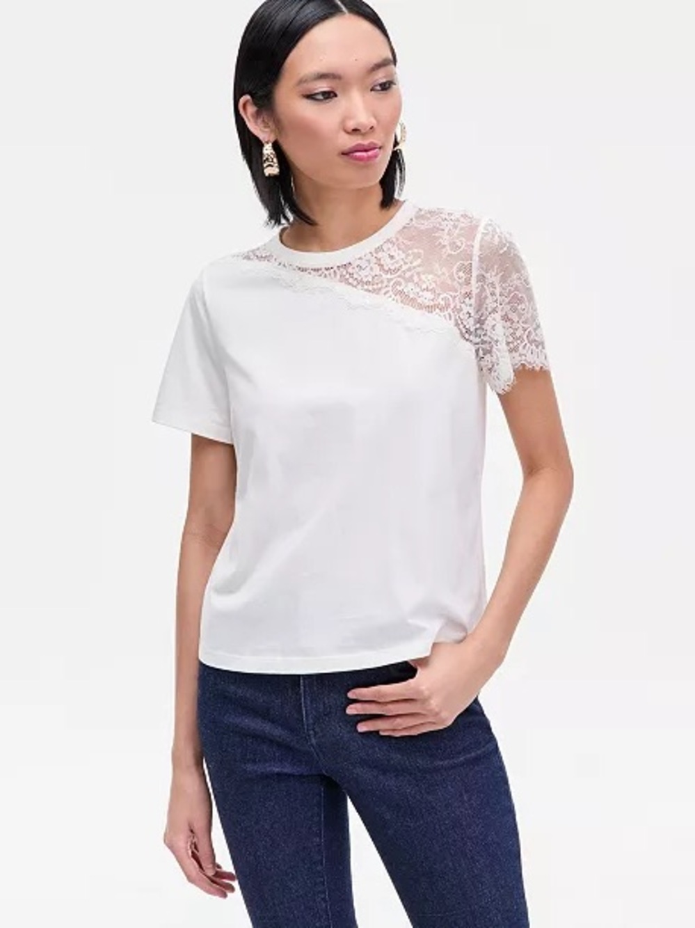 I.N.C. Women’s Lace Shoulder Short Sleeve Shirt - White